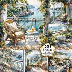 Acquerello vista sull'oceano da un balcone accogliente Clipart JPEG Download istantaneo Vista fantastica Clipart romantica Artigianato in carta Junk Journal Scrapbooking