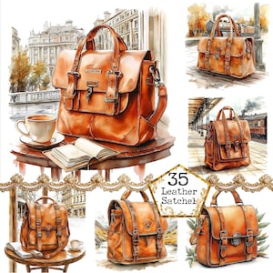 Paquete de imágenes prediseñadas de bolso de cuero vintage con acuarela JPEG, imágenes prediseñadas de bolso vintage, uso comercial, descarga instantánea, manualidades de papel, diario basura, álbumes de recortes