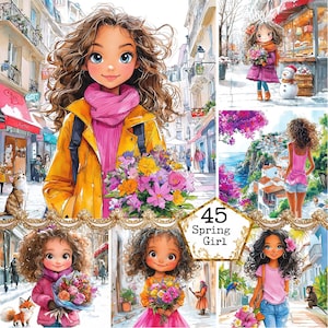 JPEG Whimsical Spring Girl in the City Clipart Bundle Scena di ragazza dei fiori in viaggio Download immediato Artigianato di carta Diario spazzatura Scrapbooking