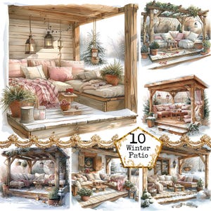 JPEG Aquarell Garten Winter Terrasse Clipart Bundle gemütliche Sitzmöbel gemütliche Nook kommerzielle Sofort-Download Papier Handwerk Junk Journal Scrapbooking