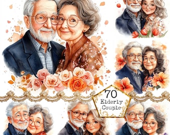 JPEG Watercolor Elderly Couples Clipart Bundle Cute Lovers Partners Saint Valentines Instant Download Paper Crafts Junk Journal Scrapbooking