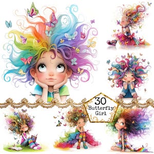 JPEG Fille originale aquarelle avec papillons Clipart Bundle Fille lunatique éphémères Téléchargement instantané Paper Craft Junk Journal Scrapbooking