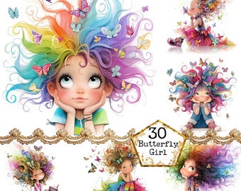 JPEG Watercolor Quirky Girl with Butterflies Clipart Bundle Whimsical Girl Ephemera Instant Download Paper Craft Junk Journal Scrapbooking