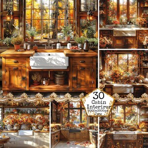 May include: A rustic kitchen interior with a farmhouse sink, wooden cabinets, and a large window overlooking a fall forest. The kitchen is decorated with autumnal flowers and foliage.
