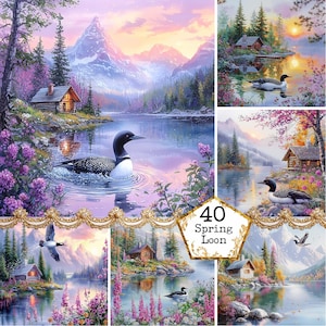 Ilustración de colimbo en acuarela JPEG Gráficos de lago de montaña Imágenes prediseñadas de caza Aves silvestres Descarga instantánea Manualidades de papel Diario basura Scrapbooking