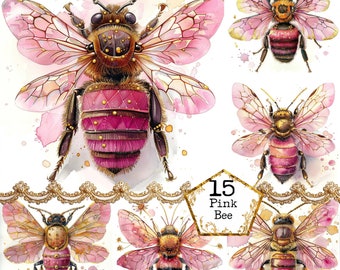 JPEG watercolor Fantasy Pink Honey Bee Clipart Bundle JPEG Nature Clipart Insect Instant Download Paper Crafts Junk Journal Scrapbooking