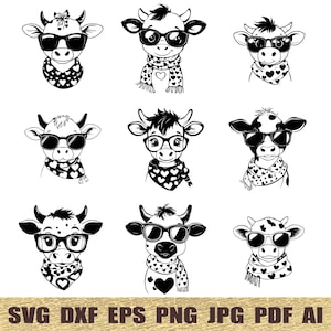 25 Cute Cow with Glasses and a Scarf svg, dxf, eps, ai, pdf, jpg, png Valentine&#39;s Cow Face Silhouettes Cut File Highland Cow svg