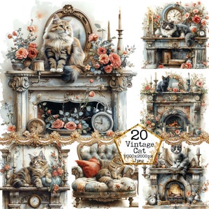 JPG Watercolor Cat on Vintage Furniture Clipart JPEG Bookworm Clipart Commercial Use Instant Download Paper Crafts Junk Journal Scrapbooking