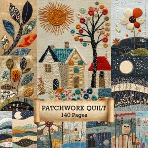 Op de afbeelding: Een patchwork quilt met geborduurde scènes, waaronder huizen, bomen en bloemen. De quilt toont een zon, maan en een verscheidenheid aan kleurrijke bladeren. De tekst "PATCHWORK QUILT 140 Pages" wordt op een rol weergegeven.