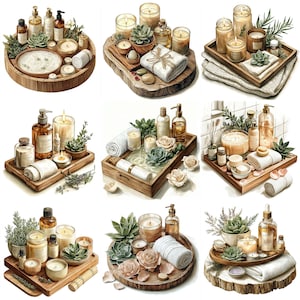 May include: A collection of ten spa treatment trays with candles, essential oils, and other spa products. Each tray features a different arrangement of items, including candles, essential oils, and other spa products. The trays are all made of wood and have a natural finish.