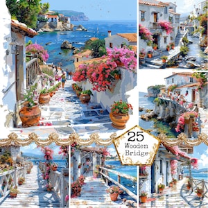 Bundle de cliparts JPG vieux pont en bois grec dans la mer Clipart européen JPEG Grèce Téléchargement instantané Artisanat en papier Journal indésirable Scrapbooking