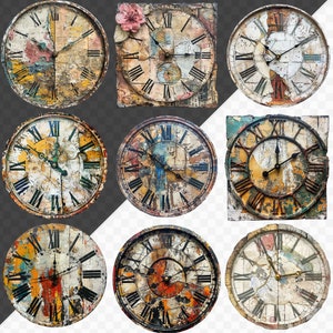 K&ouml;nnte beinhalten: Zehn Vintage-Uhren mit r&ouml;mischen Zifferbl&auml;ttern, jede mit einem einzigartigen, abgenutzten Lackdesign und verschiedenen Farben, darunter Blau, Gr&uuml;n, Gelb und Rot.