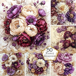 Sfondi JPEG Acquerello Peonie Grafica Sfondi floreali Fiori primaverili Carte Download immediato Carta artigianale Diario spazzatura Scrapbooking