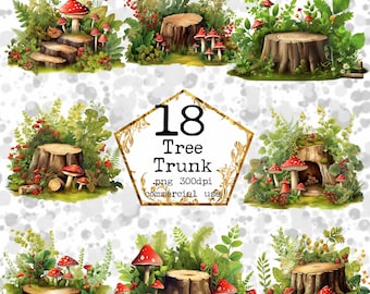 May include: 18 digital illustrations of tree stumps with mushrooms and greenery. The illustrations are in a cartoon style and are perfect for adding a touch of nature to your designs.