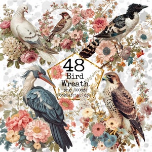 PNG Floral Grinalda Clipart PNG Pássaro Clipart Raven Falcon Eagle Download instantâneo Papel Artesanato Junk Journal Scrapbooking