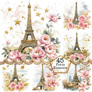 JPEG Watercolor Floral Eifel Tower Clipart Bundle Paris Clipart Commercial Use Instant Download Paper Crafts Junk Journal Scrapbooking