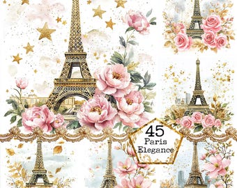 JPEG aquarel bloemen Eifel toren clipart bundel Parijs clipart commercieel gebruik Instant Download papier ambachten ongewenste dagboek scrapbooking