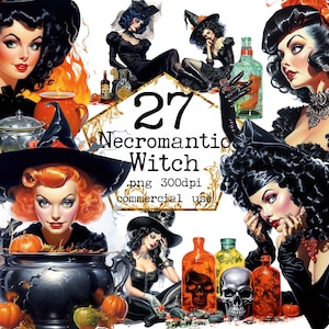 Pacote de clipart de bruxa retro necromante PNG, PNG transparente dos anos 50, clipart de Halloween PNG, álbum de recortes, diário de lixo, artesanato de papel, uso comercial