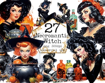 May include: A digital illustration set of 27 images featuring witches in various poses. The witches are dressed in black and have long black hair. The images are in a cartoon style and are perfect for Halloween or other spooky events.