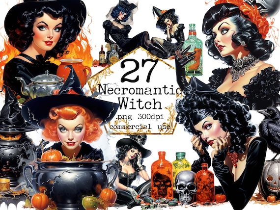 Retro Necromancer Witch Clipart PNG Bundle, '50s Transparent PNG, Halloween Clipart PNG, Scrapbook, Junk Journal Paper Crafts Commercial Use