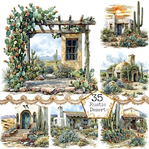 JPEG aquarel woestijn huis clipart bundel cactus clipart bundel woestijn landschap kunst Instant Download papier ambachten ongewenste dagboek scrapbooking