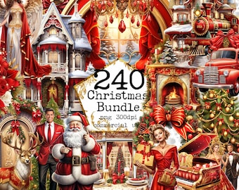 Puede incluir: Un collage digital de 240 imágenes con temática navideña, que incluye una casa decorada en rojo y dorado, un camión rojo, un tren, una chimenea, un árbol de Navidad, un Papá Noel, una mujer con un vestido rojo y una mesa puesta con un mantel rojo y cubiertos de oro. El texto "240 Christmas Bundle .png 300dpi commercial use" es visible en la imagen.