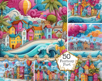 Whimsical Coastal City Illustrations Village Nautical JPEG Instant Download Paper Crafts Junk Journal Scrapbooking