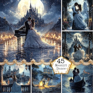 Gráficos de pareja retro románticos en formato JPEG, vista del cielo nocturno, linterna, estrellas, luna llena, baile, descarga instantánea, manualidades de papel, diario basura, álbumes de recortes