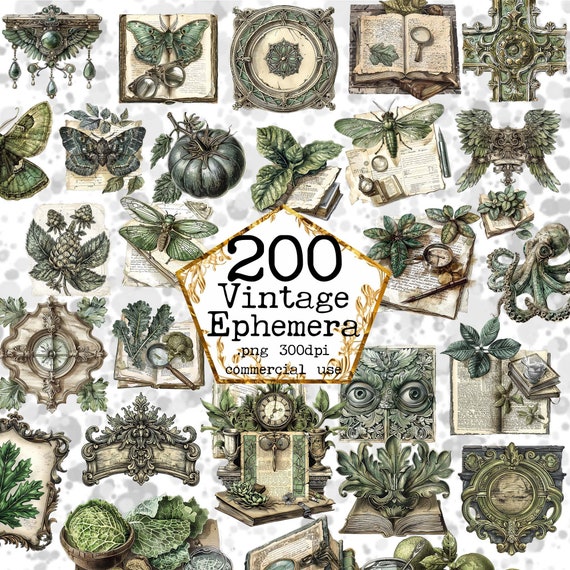 PNG BIG Vintage Ephemera Clipart Bundle Monochromatic