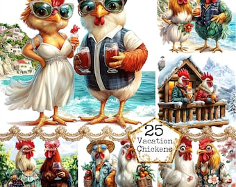 JPEG Cute Chickens Couple Clipart bundle Holliday Clipart Vacation Clipart Festive Instant Download Paper Crafts Junk Journal Scrapbooking