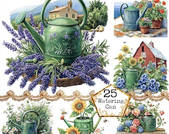 May include: A collection of 25 watering cans in various settings. The cans are green and have a traditional design. Some are surrounded by flowers, others are in a garden setting, and one is even by a small house. The text "25 Watering Can" is in a gold frame.