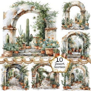 JPEG Aquarelle Cactus Garden Gate Arch Clipart Bundle JPEG Cactus Pots Téléchargement instantané Papier Artisanat Junk Journal Scrapbooking
