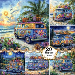 JPEG Hippie Van Grafica Viaggiare clipart Bellissimo scenario Illustrazione Groovy Download istantaneo Artigianato di carta Junk Journal Scrapbooking