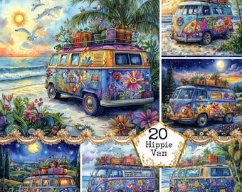 JPEG Hippie Van Graphics Traveling clipart Beautiful Scenery Illustration Groovy Instant Download Paper Crafts Junk Journal Scrapbooking