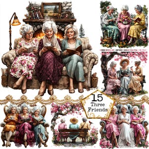 Paquete de imágenes prediseñadas de señoras mayores con mejores amigas en acuarela JPEG, abuela acogedora, uso comercial, descarga instantánea, manualidades en papel, diario basura, álbumes de recortes