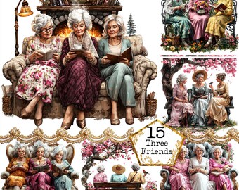 JPEG Watercolor Best Friends Senior Ladies Clipart Bundle Cozy Granny Commercial use Instant Download Paper Crafts Junk Journal Scrapbooking