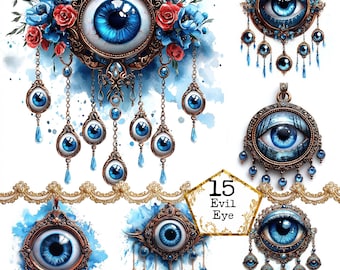 May include: A set of 15 digital illustrations of evil eyes with intricate details. The eyes are blue and surrounded by gold and blue embellishments. The illustrations are perfect for crafting projects, scrapbooking, and digital design.