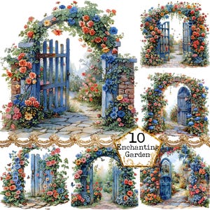 JPEG acuarela Floral Garden Gate Clipart Bundle Garden Door Stone Wall JPEG Descarga instantánea Paper Crafts Junk Journal Scrapbooking