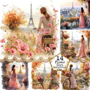 Meisje met fiets met mand vol bloemen Clipartbundel commerciële JPEG Parijs Instant Download Paper Crafts Junk Journal Scrapbooking