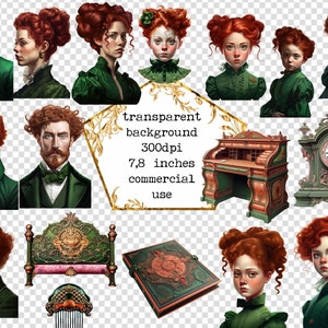 May include: A collection of digital illustrations featuring a variety of characters and objects. The characters are all red-haired and have green clothing. The objects include a clock, a desk, a bed, a book, and a comb. The background is transparent.