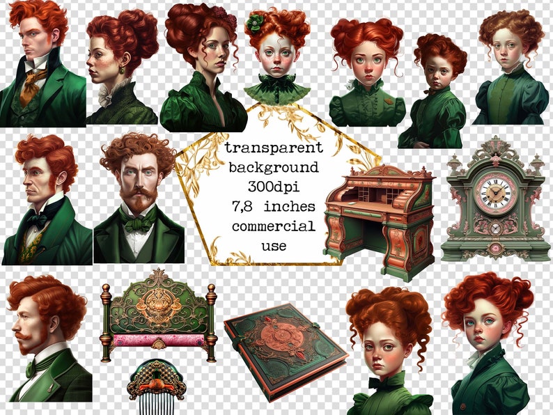 May include: A collection of digital illustrations featuring a variety of characters and objects. The characters are all red-haired and have green clothing. The objects include a clock, a desk, a bed, a book, and a comb. The background is transparent.
