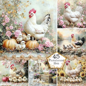 JPEG Poussin minable Graphismes de poule de ferme Illustration florale de poule Clipart de printemps Poussin Téléchargement instantané Paper Craft Junk Journal Scrapbooking