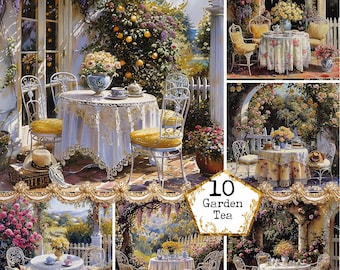 JPEG Watercolor Vintage Garden Seating Tea Party Clipart JPEG Breakfast Clipart Instant Download Paper Crafts Junk Journal Scrapbooking