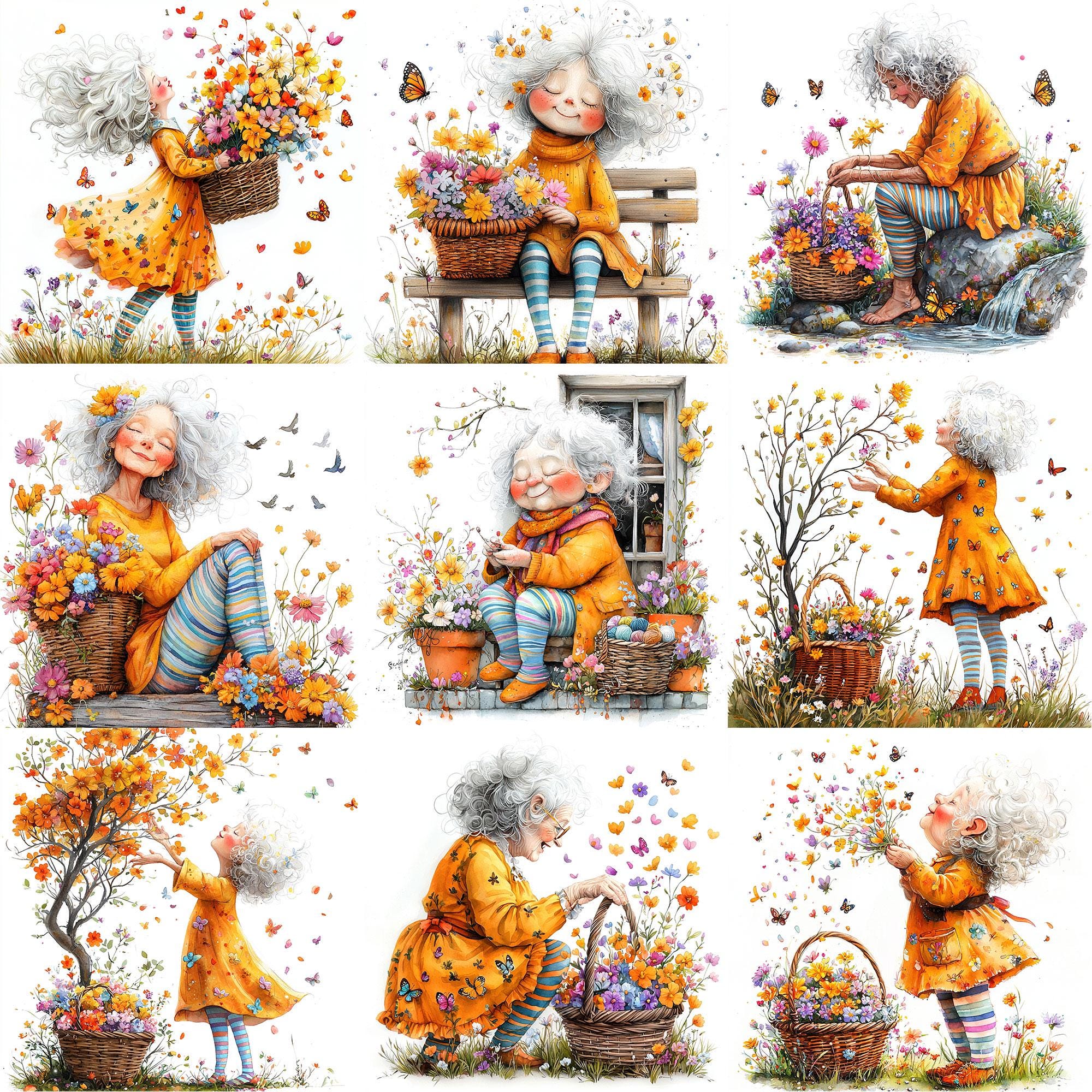 JPEG Watercolor Spring Granny Clipart Bundle Funny Elderly Lady Cute ...