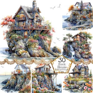 JPEG maison sur le rocher JPEG bord de mer maison des cliparts endroit calme clipart nautique téléchargement immédiat travaux manuels en papier indésirable journal Scrapbooking