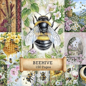 May include: A digital art collage featuring a large bee with yellow and black stripes, surrounded by flowers and greenery. The image includes a scroll with the text "BEEHIVE 150 Pages". The overall theme is nature and bees.