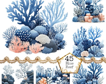 Op de afbeelding: Een digitale illustratie van een blauw koraalrif met verschillende koraalformaties, zeeleven en een decoratieve gouden rand. De tekst "45 Blue Reef" staat in een gouden vijfhoek.