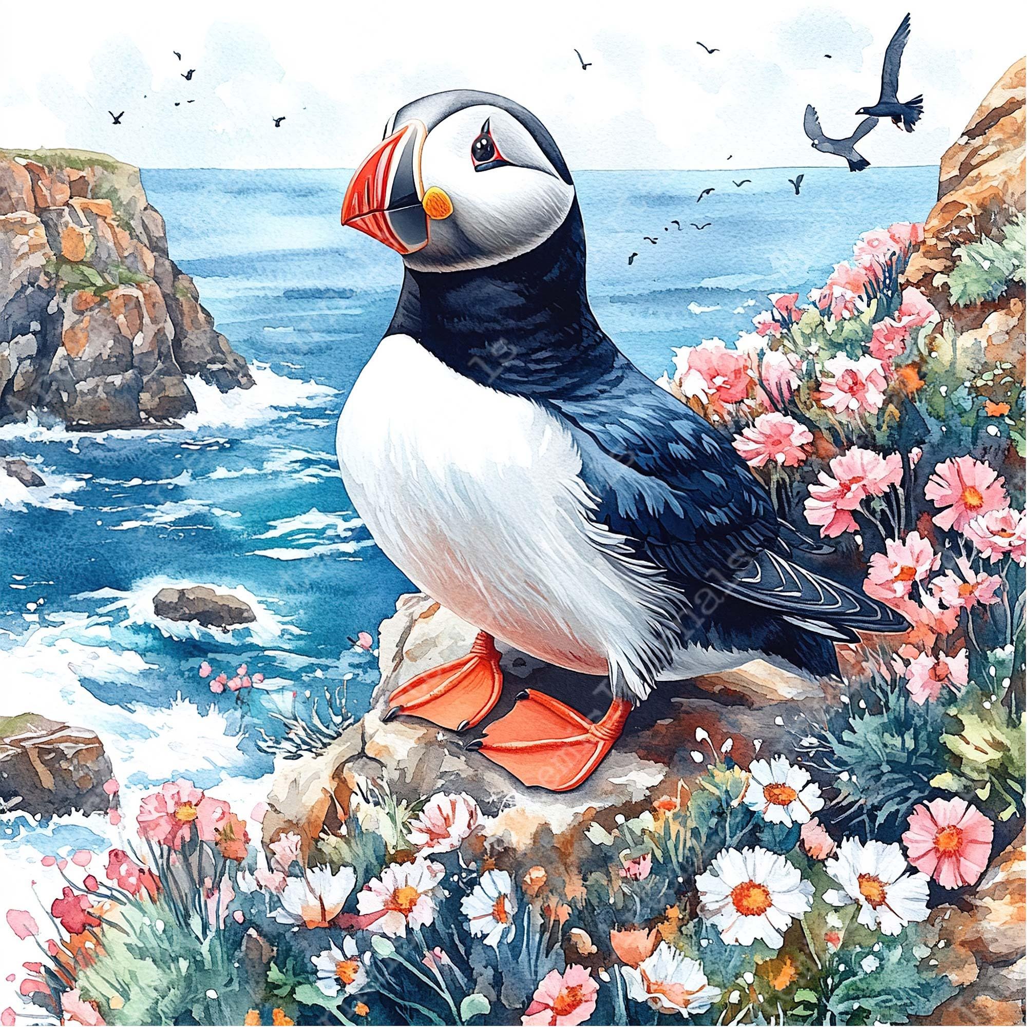 JPEG 水彩画 パフィン クリップアート バンドル 夏のビーチの景色