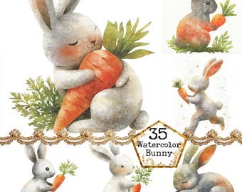 Pacote de clipart de coelho de primavera em aquarela JPEG, clipart de coelho fofo, clipart de cenoura, download instantâneo, artesanato em papel, diário de lixo, scrapbooking