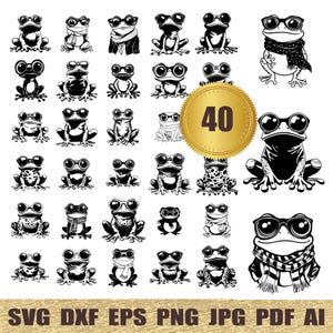 40 Frog with Glasses svg, dxf, eps, ai, pdf, jpg, png Cute Frog Silhouettes Cut File printable vectors commercial use instant download